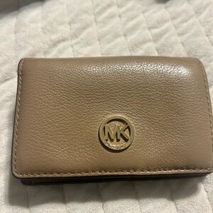 Michael Kors Taupe Pebbled Leather Card Case with Gold Logo